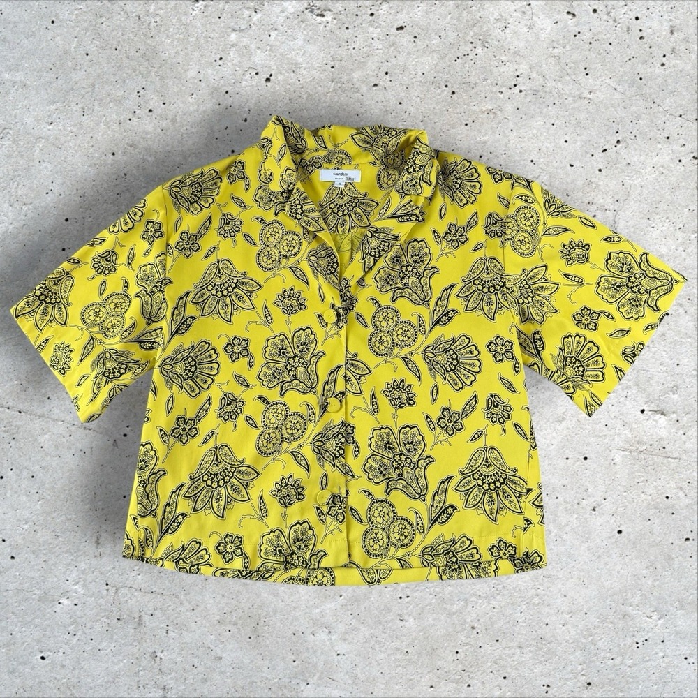 Saunders x RTR Rox Top Yellow Floral Short Sleeve V-Neck Button Front Sz 6 - Picture 3 of 8